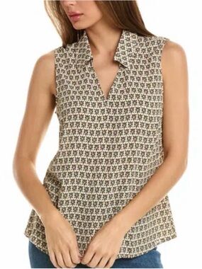CAbi Sleeveless Notch V Collared Top — Beige Multi Print